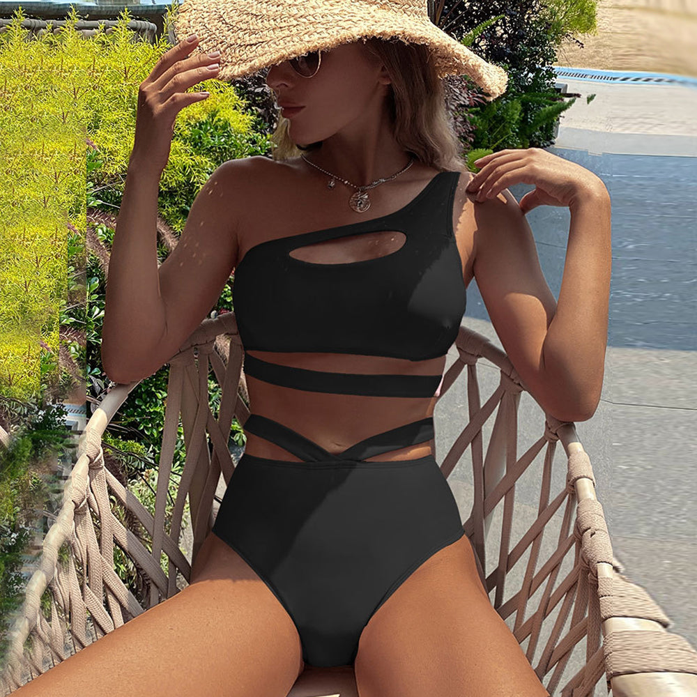 Solid Bathing Suit One Shoulder Cut Out Bikini Top and High Waisted Ba –  YOMORIO
