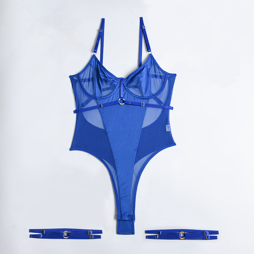 Strappy & Mesh Leotard Solid Sexy Backless Bodysuit with Leg Garters