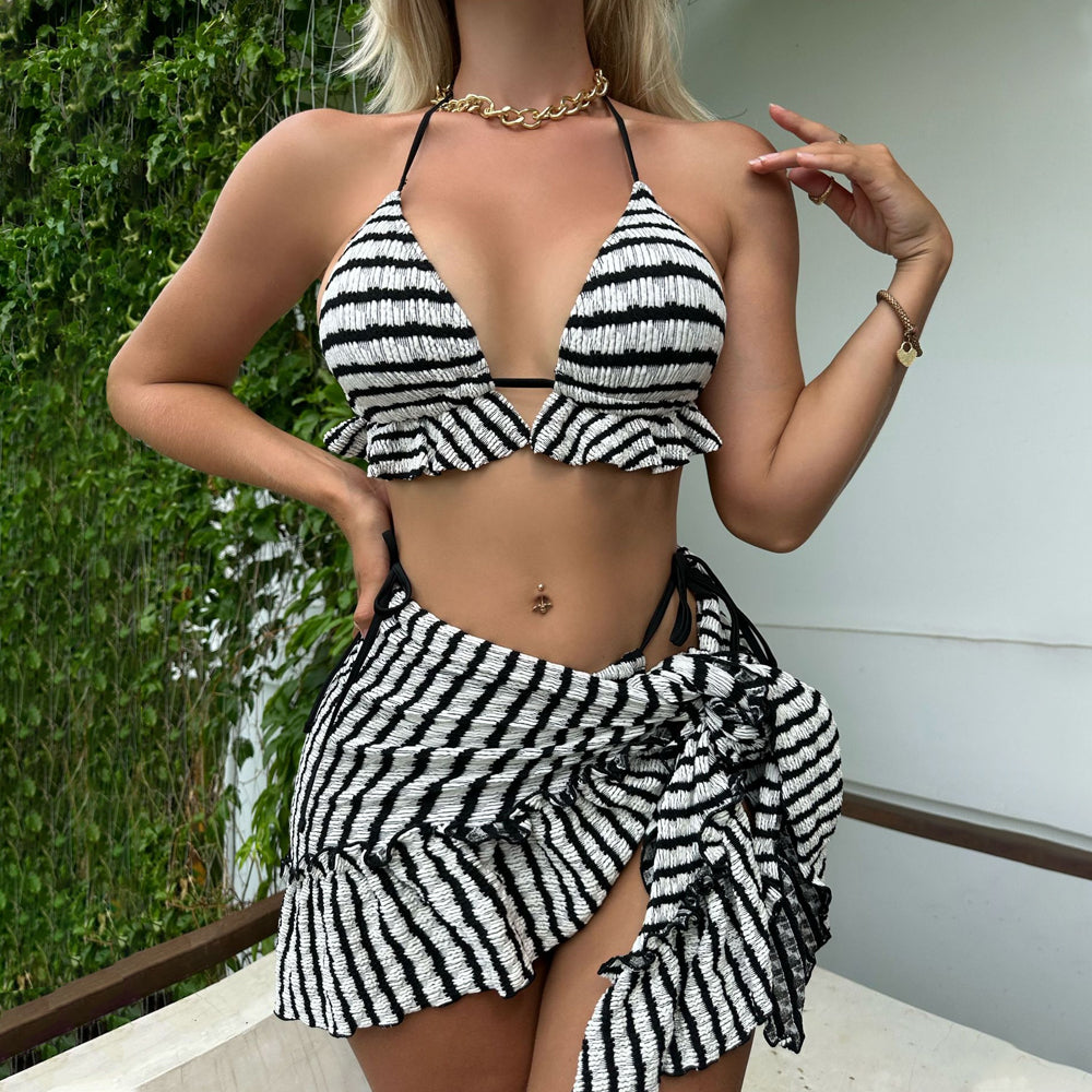 Women's 3 Piece Bikini Set Striped Swimsuit Halter Tie Side Triangle Bikini  and Cover Up Beach Skirt