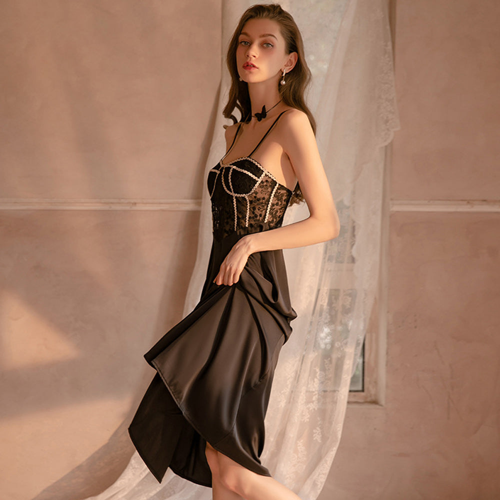 Yomorio Satin Babydoll Dress Padded Cup Lace Nightgown for Women