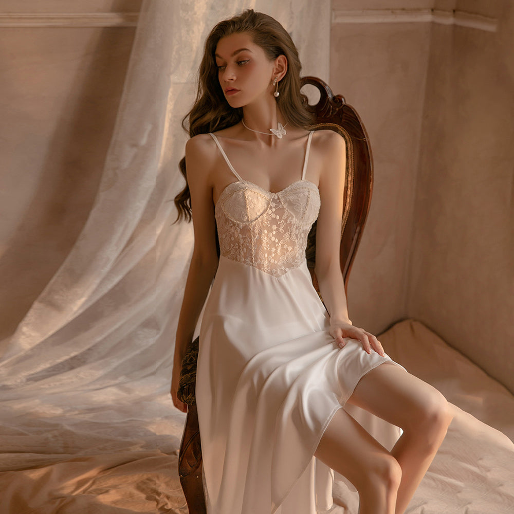 Yomorio Satin Babydoll Dress Padded Cup Lace Nightgown for Women