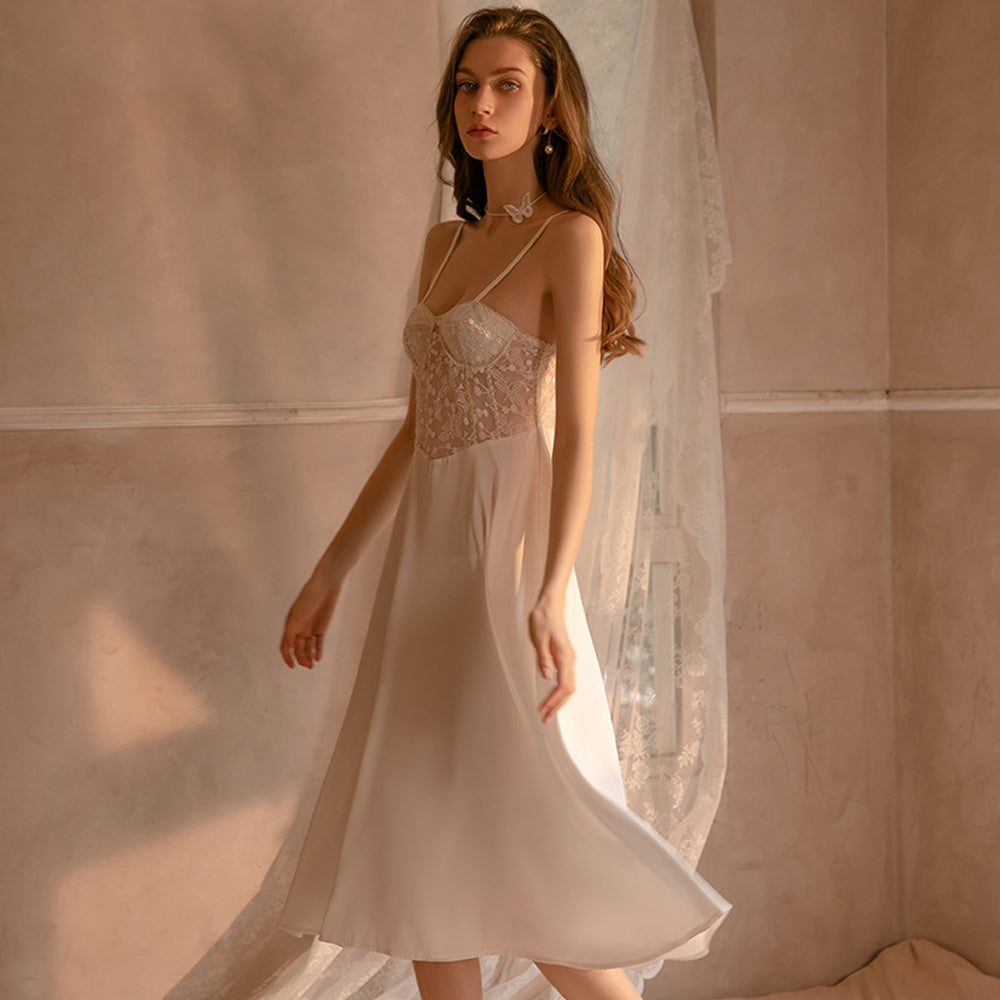 Yomorio Satin Babydoll Dress Padded Cup Lace Nightgown for Women