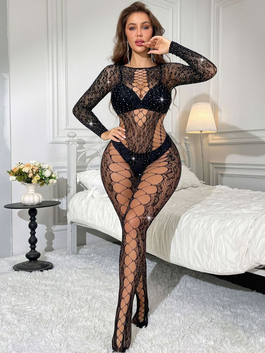 Rhinestone Leopard Fishnet Bodystocking