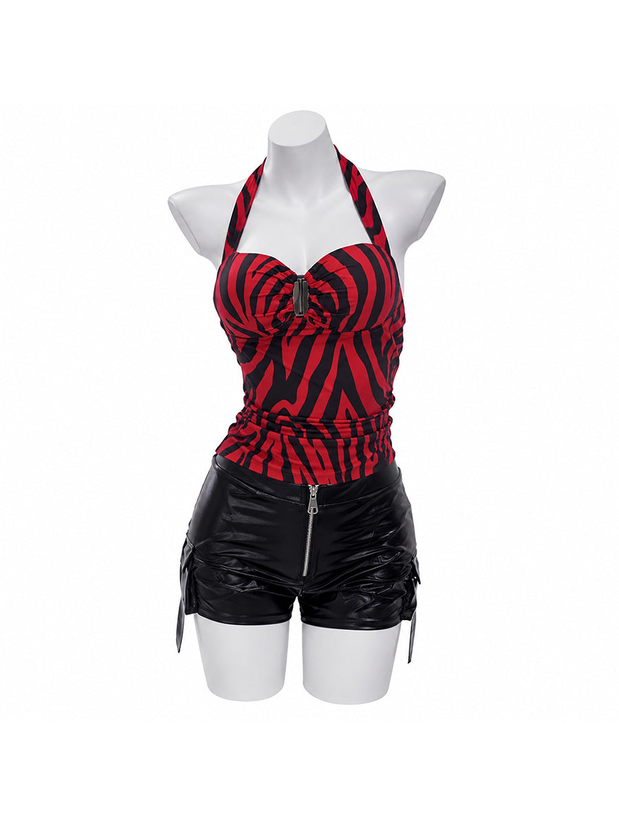 Obsession Freaky Nicki Halloween Costume Red Zebra Halter Top and Faux Leather Shorts