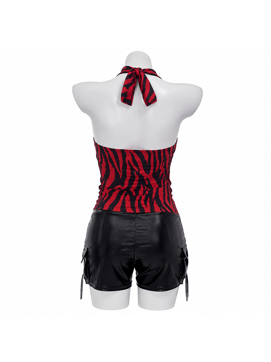 Obsession Freaky Nicki Halloween Costume Red Zebra Halter Top and Faux Leather Shorts