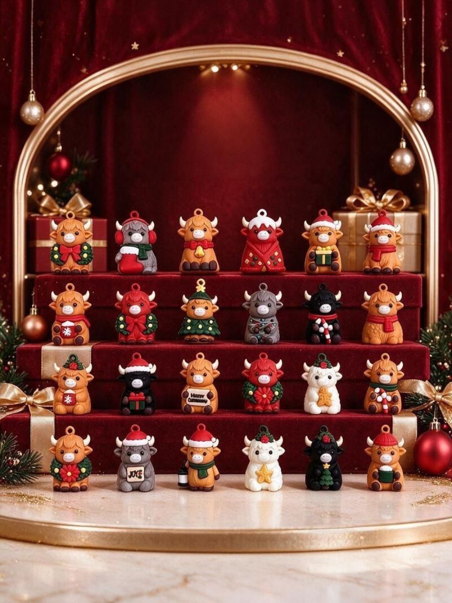 24 Day Highland Cow Christmas Advent Calendar 2026 24-Piece Mini Cow Ornaments Set