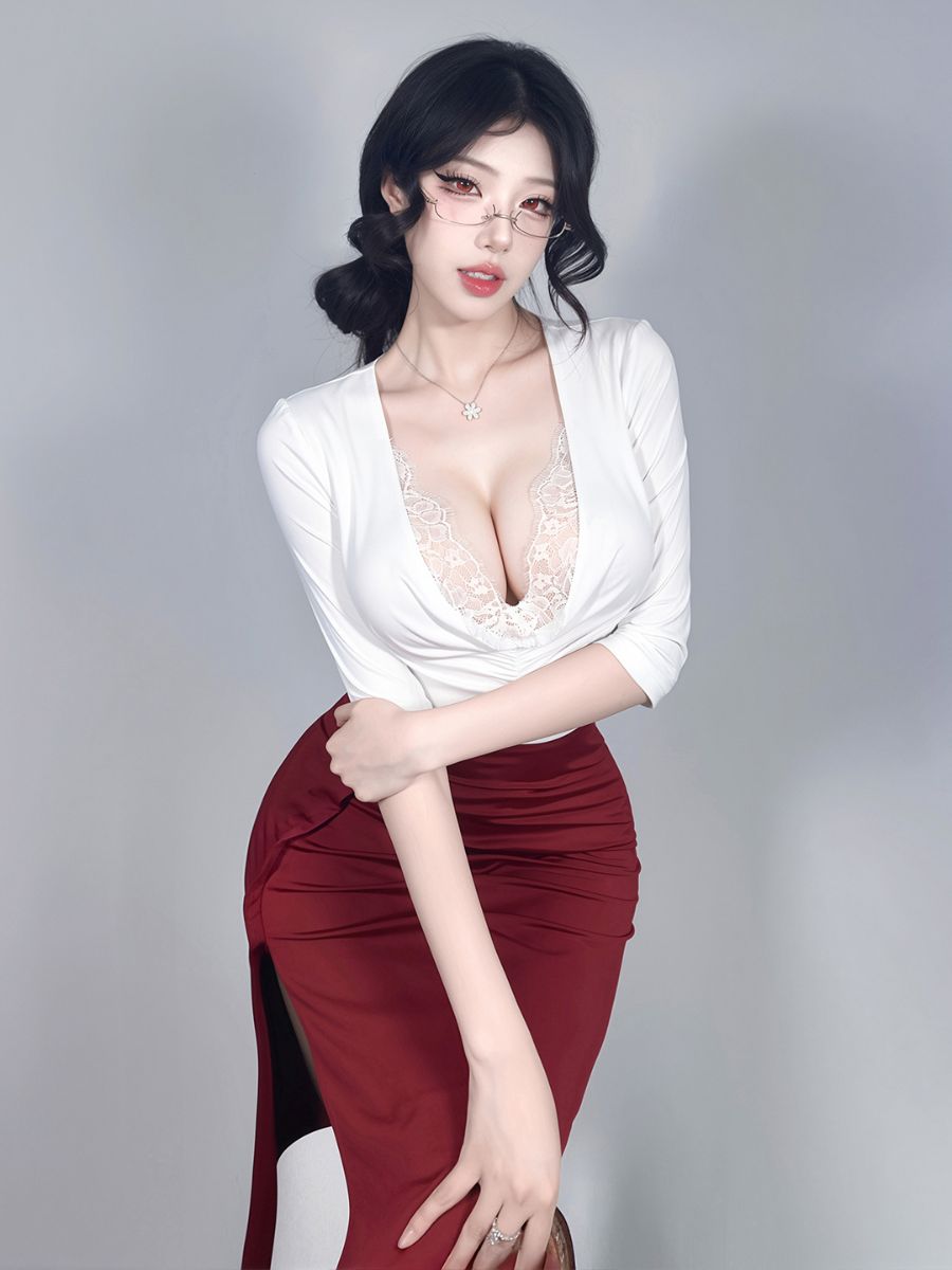 Sexy Office Lady Secretary Cosplay Costume WHite Lace Trim Plunge Top and High Slit Skirt Set 