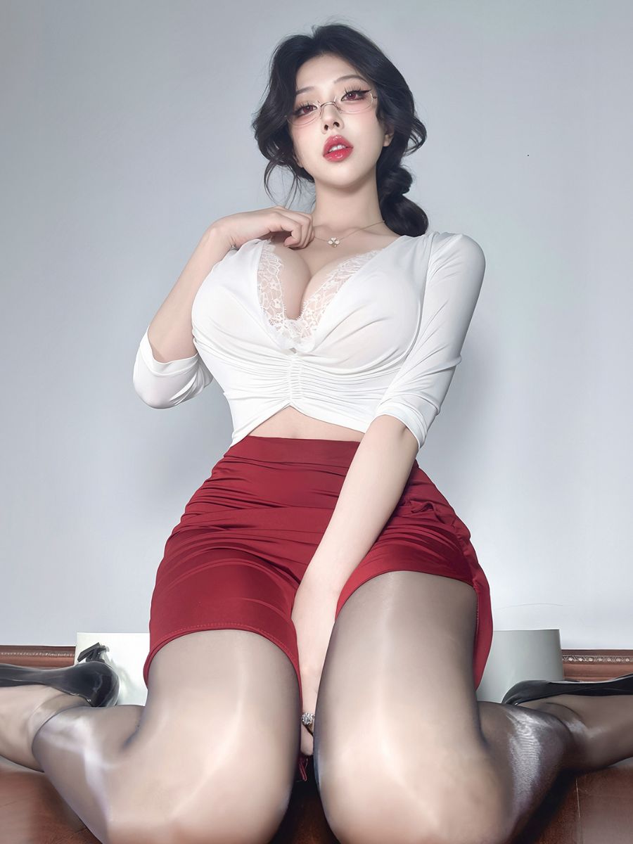 Sexy Office Lady Secretary Cosplay Costume WHite Lace Trim Plunge Top and High Slit Skirt Set 