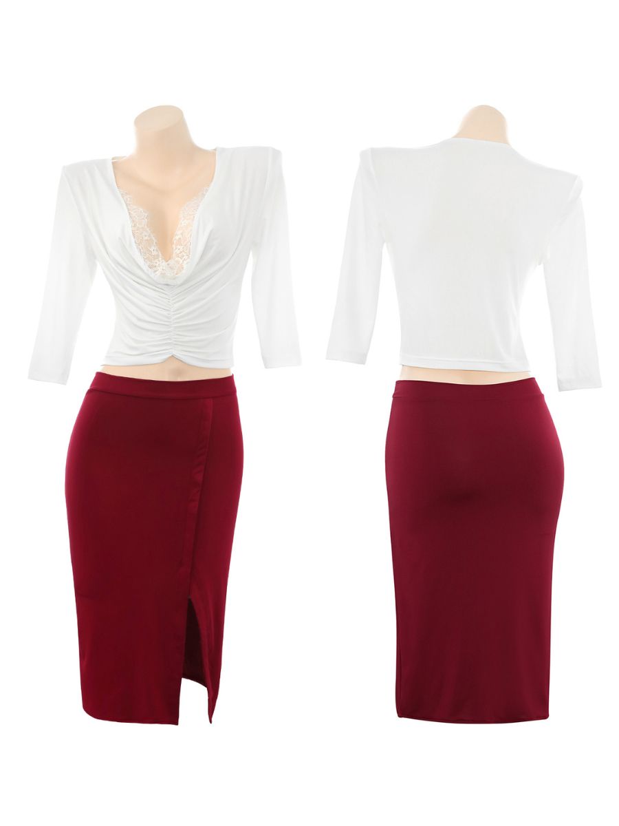 Sexy Office Lady Secretary Cosplay Costume WHite Lace Trim Plunge Top and High Slit Skirt Set 