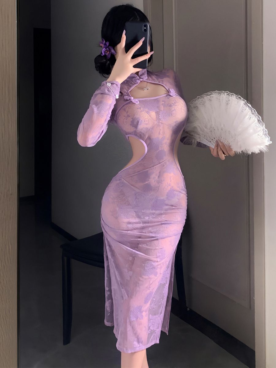 Purple Floral Lace Slit Cheongsam