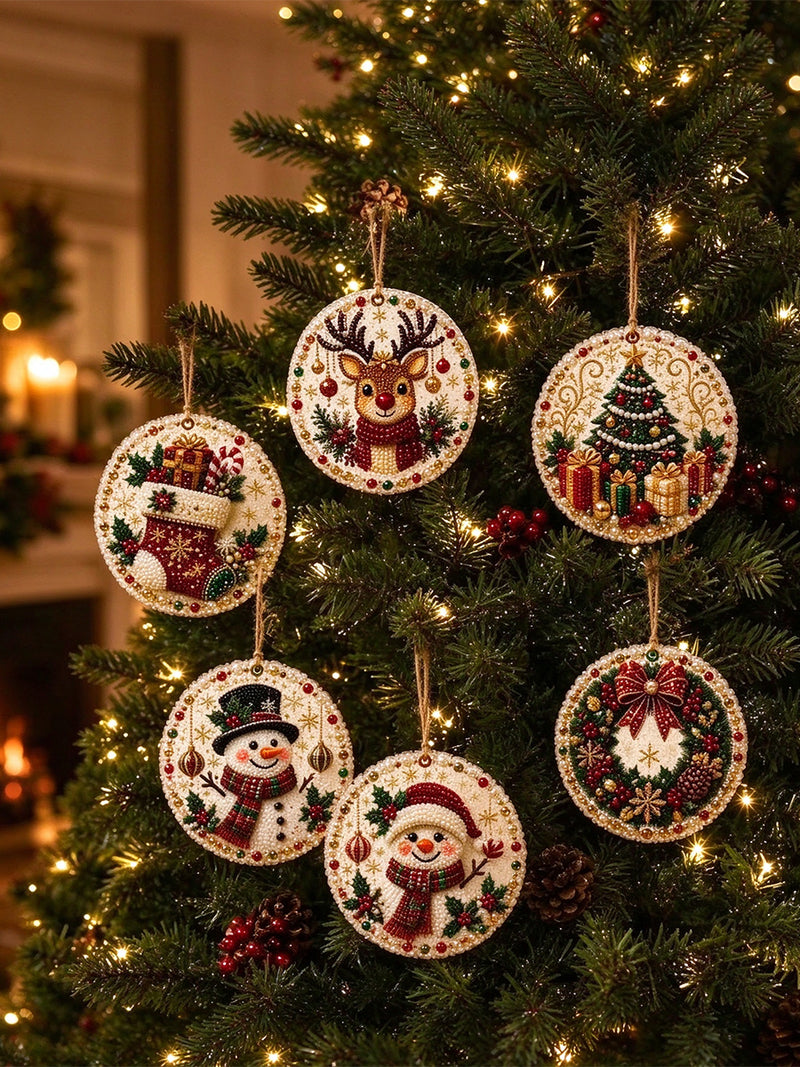 6 Piece DIY Christmas Rhinestones Ornaments Kit 2D Christmas Tree Wooden Decor Set 