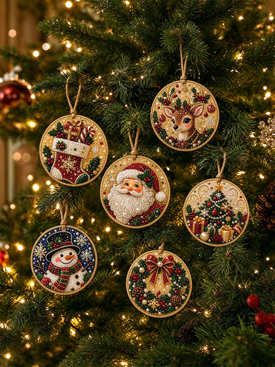 6 Piece DIY Christmas Rhinestones Ornaments Kit 2D Christmas Tree Wooden Decor Set 