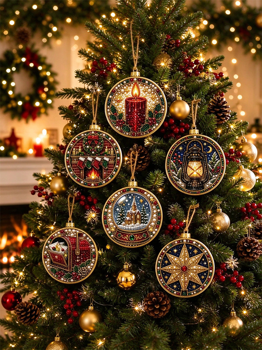 6 Piece DIY Christmas Rhinestones Ornaments Kit 2D Christmas Tree Wooden Decor Set 
