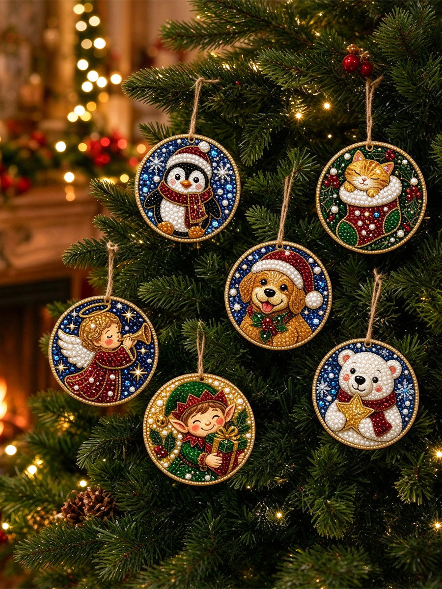 6 Piece DIY Christmas Rhinestones Ornaments Kit 2D Christmas Tree Wooden Decor Set 