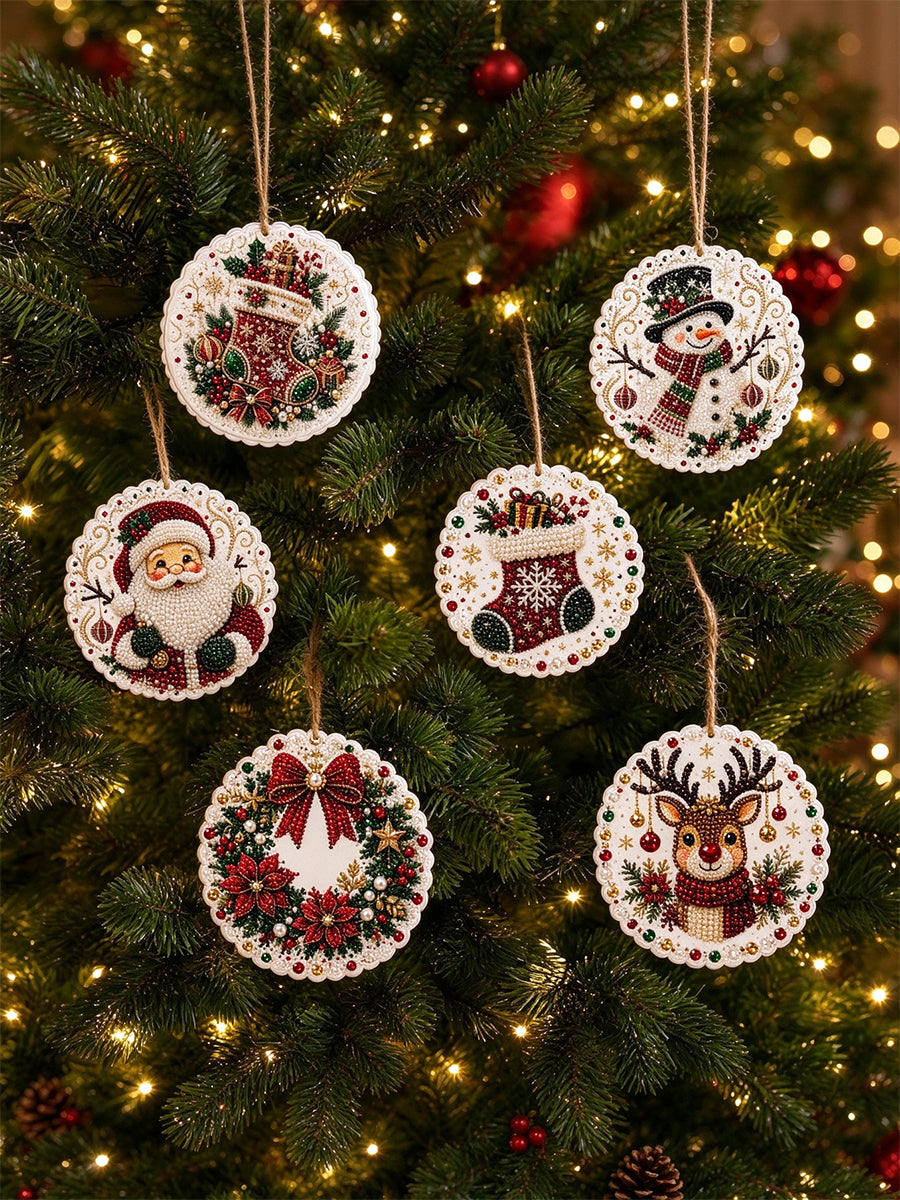 6 Piece DIY Christmas Rhinestones Ornaments Kit 2D Christmas Tree Wooden Decor Set 