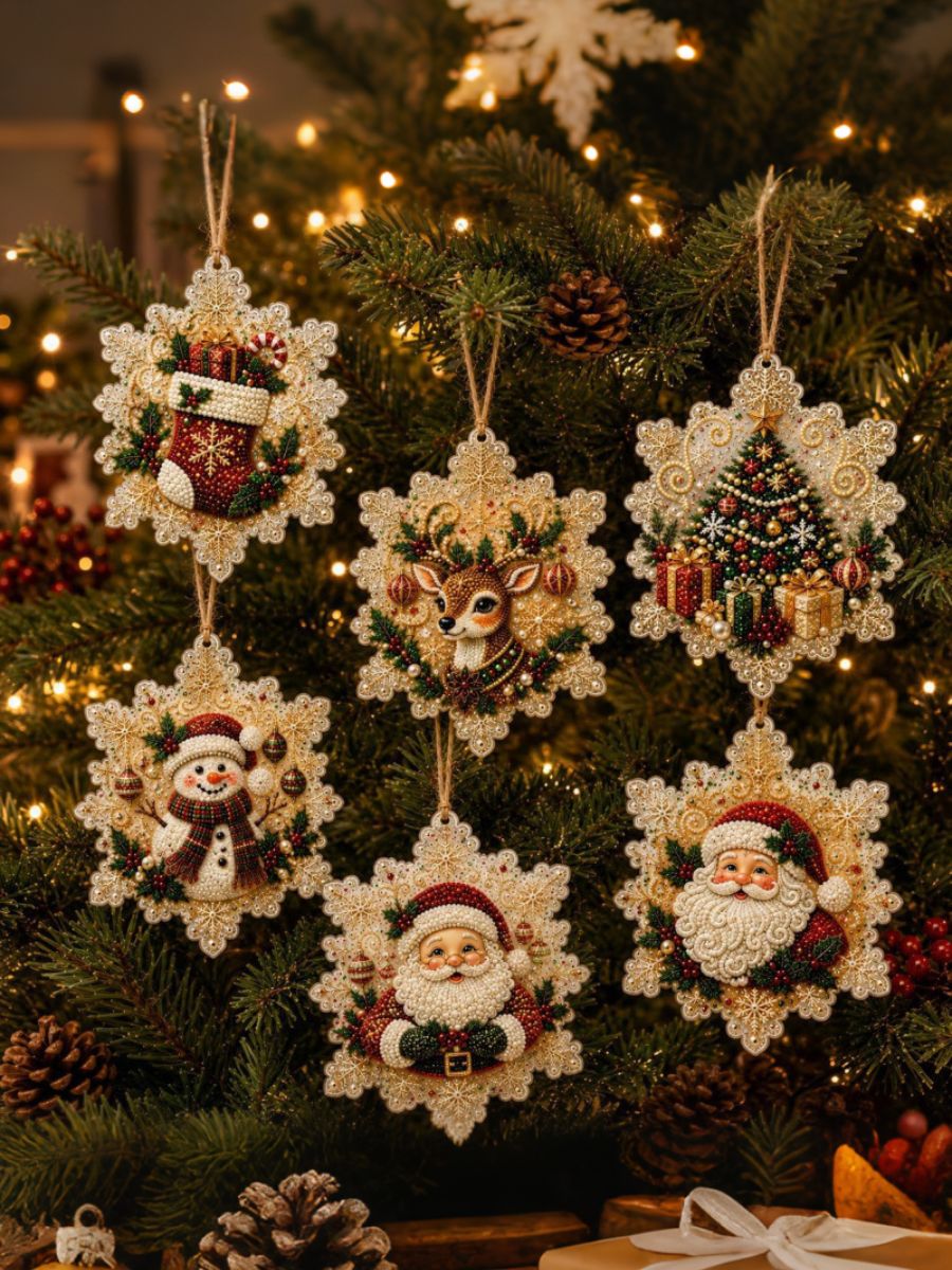 6 Piece DIY Christmas Rhinestones Ornaments Kit 2D Christmas Tree Wooden Decor Set 