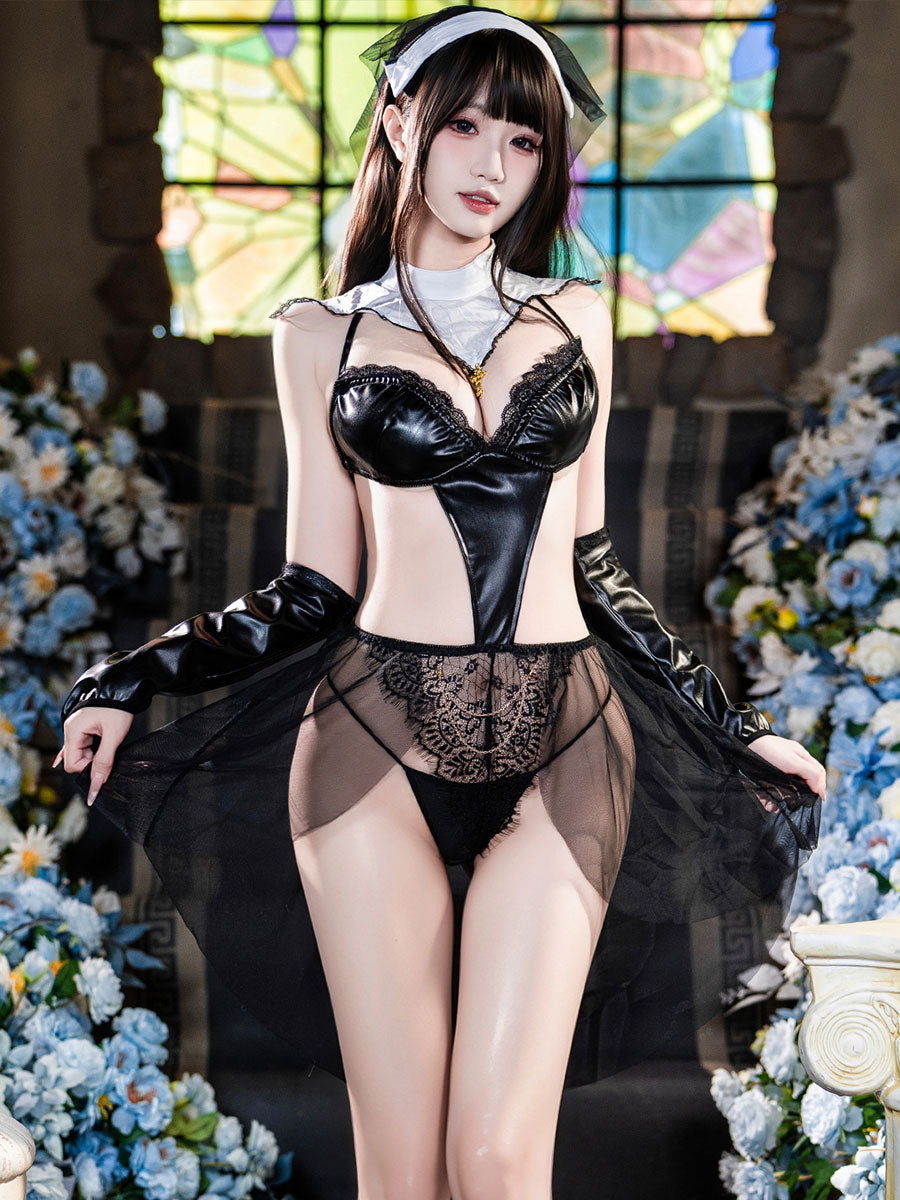 PU Leather Nun Cutout Bodysuit