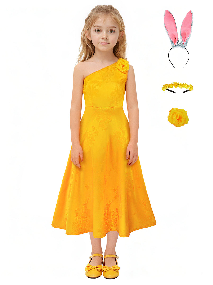 Yellow Bunny-Inspired One Shoulder Dress with Headwear