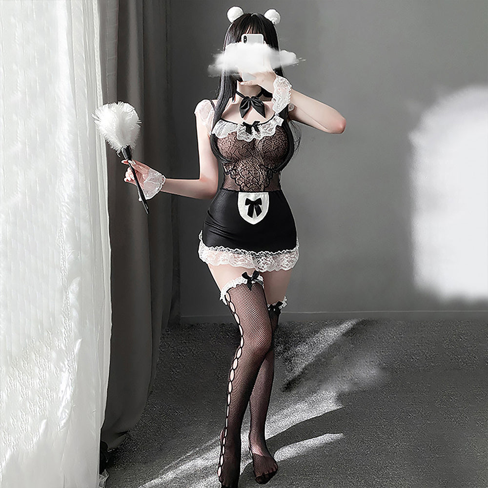 Women Cosplay Lingerie Sexy Maid Outfit Lace Trim Mesh Thong Halloween  Babydoll Lingerie Costume Dress