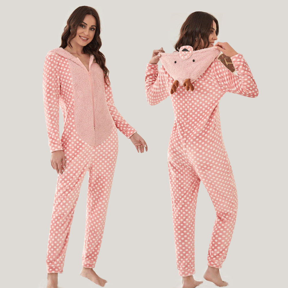 Adult Deer Onesie Pajamas Women Cartoon Animal Christmas Costume Reindeer Onepiece Sleepwear Jumpsuit