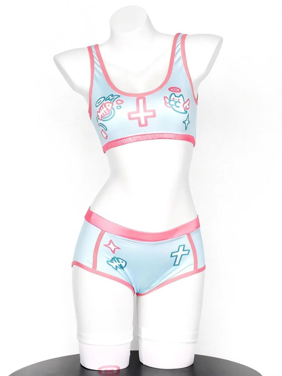 Anime Cat Print Cosplay Lingerie Set Japanese Style Top and Shorts with Stockings