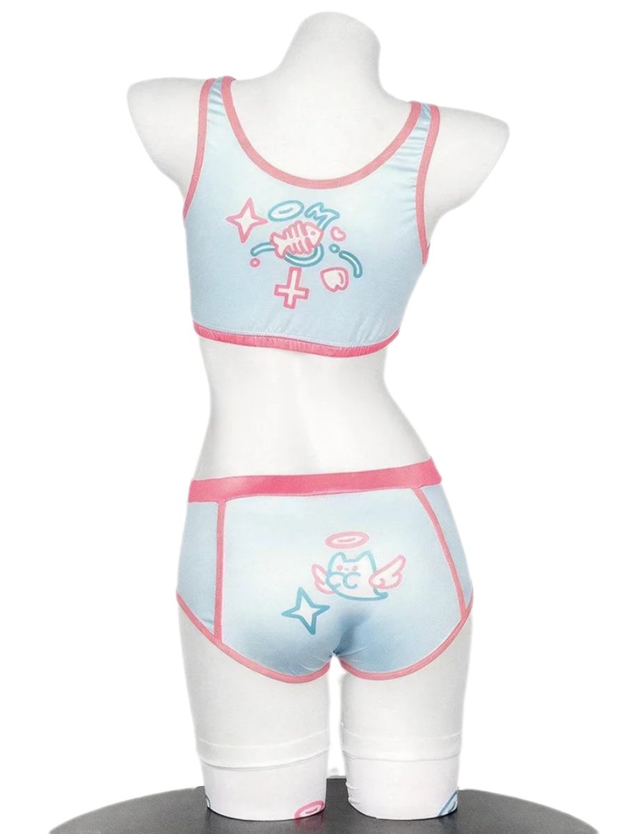 Anime Cat Print Cosplay Lingerie Set Japanese Style Top and Shorts with Stockings