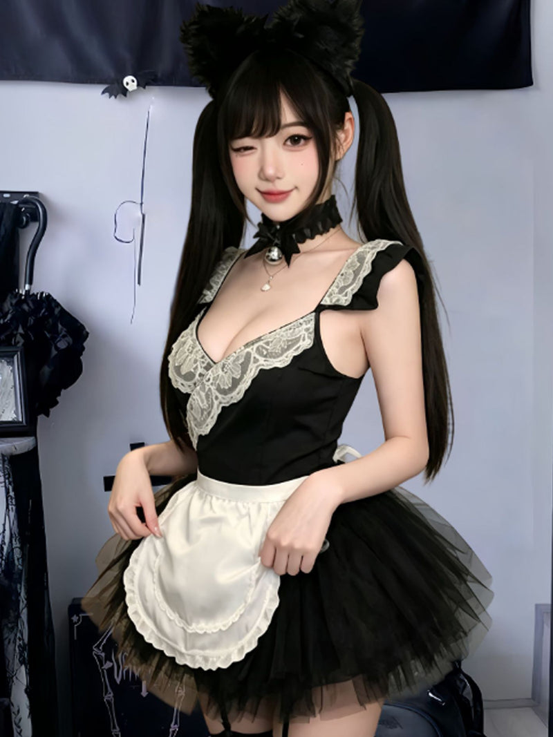 Sexy French Maid Cosplay Lingerie Cat Maid Roleplay Bodysuit with Ruffled White Apron and Tutu Skirt