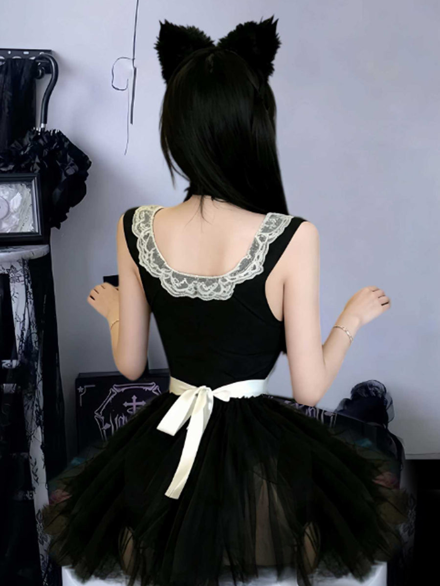 Sexy French Maid Cosplay Lingerie Cat Maid Roleplay Bodysuit with Ruffled White Apron and Tutu Skirt
