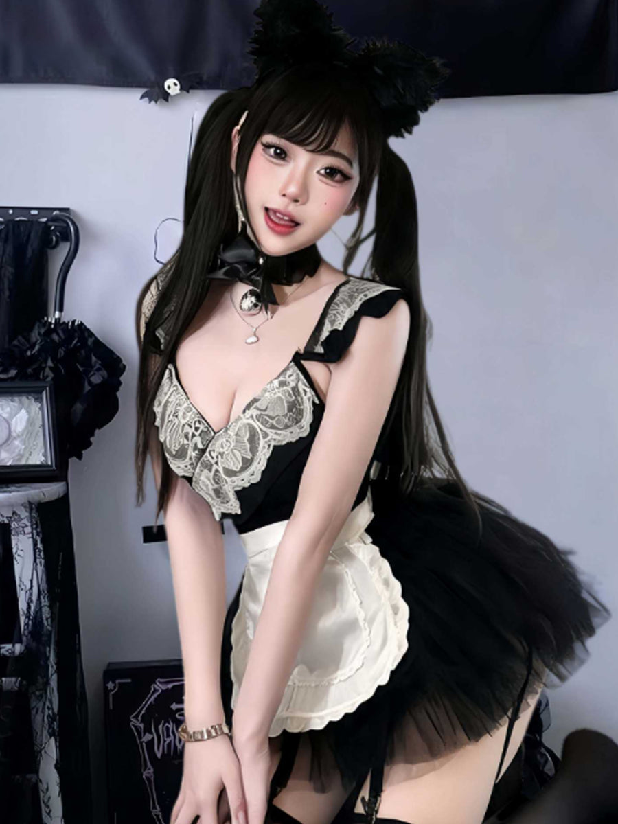 Sexy French Maid Cosplay Lingerie Cat Maid Roleplay Bodysuit with Ruffled White Apron and Tutu Skirt