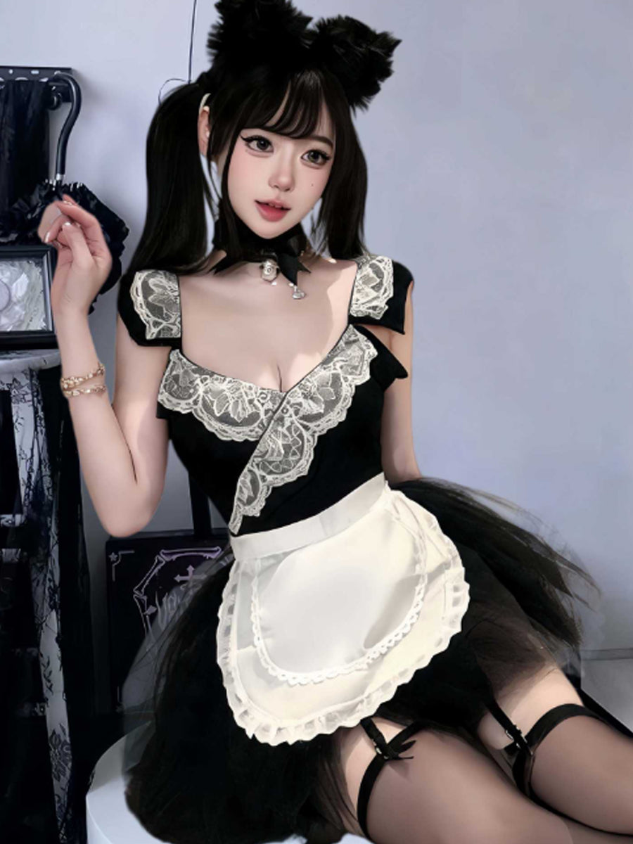 Sexy French Maid Cosplay Lingerie Cat Maid Roleplay Bodysuit with Ruffled White Apron and Tutu Skirt
