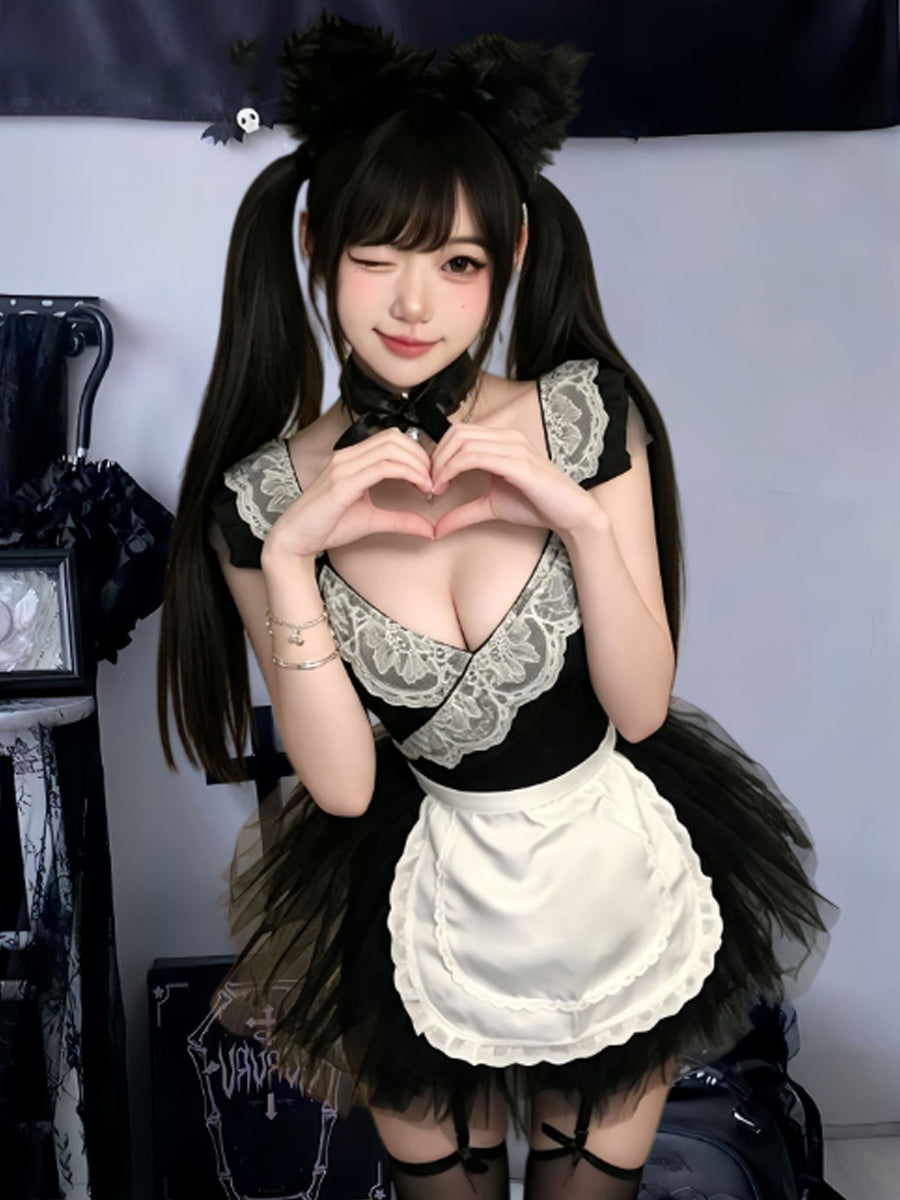 Sexy French Maid Cosplay Lingerie Cat Maid Roleplay Bodysuit with Ruffled White Apron and Tutu Skirt