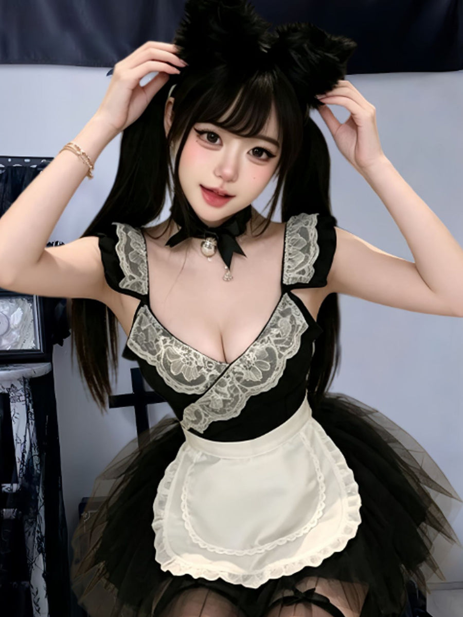 Sexy French Maid Cosplay Lingerie Cat Maid Roleplay Bodysuit with Ruffled White Apron and Tutu Skirt