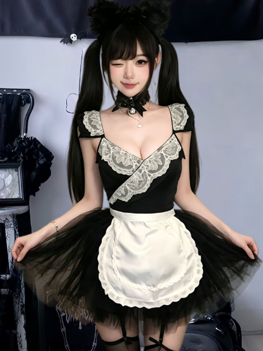 Sexy French Maid Cosplay Lingerie Cat Maid Roleplay Bodysuit with Ruffled White Apron and Tutu Skirt