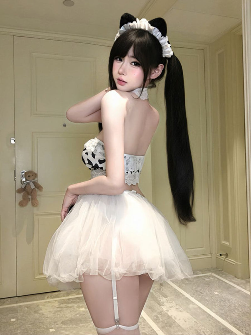 Cute Cow Girl Cosplay Costume Set Cow Print Bandeau Crop Top with Tulle Tutu Skirt
