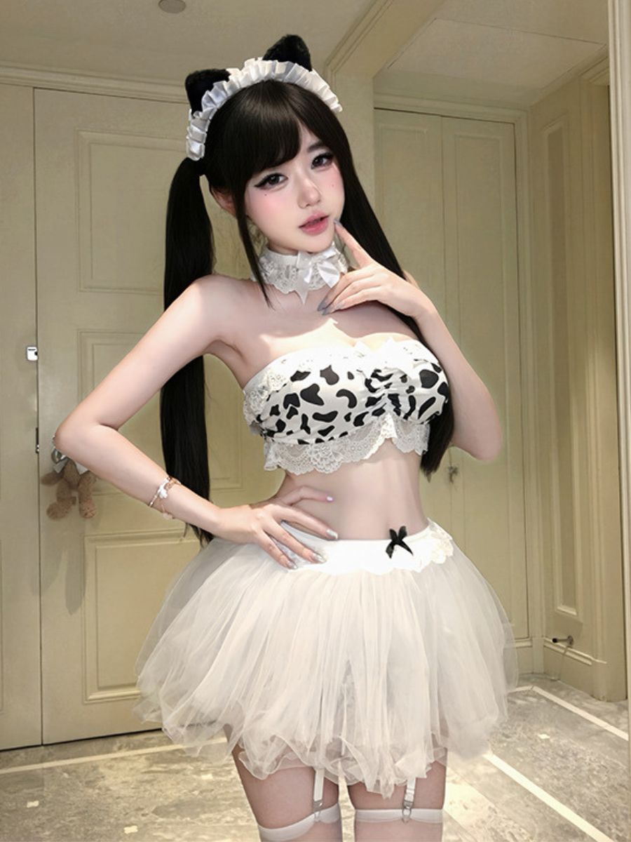 Cute Cow Girl Cosplay Costume Set Cow Print Bandeau Crop Top with Tulle Tutu Skirt