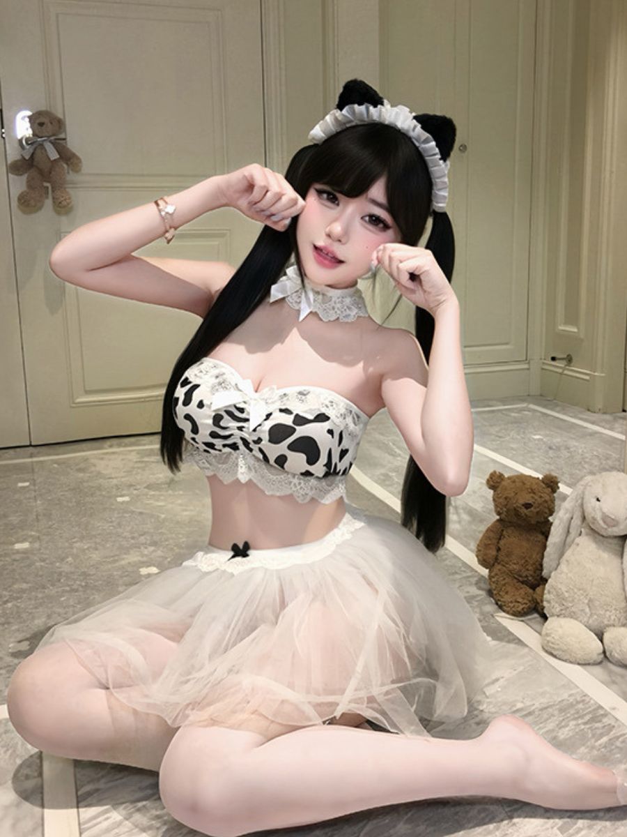 Cute Cow Girl Cosplay Costume Set Cow Print Bandeau Crop Top with Tulle Tutu Skirt