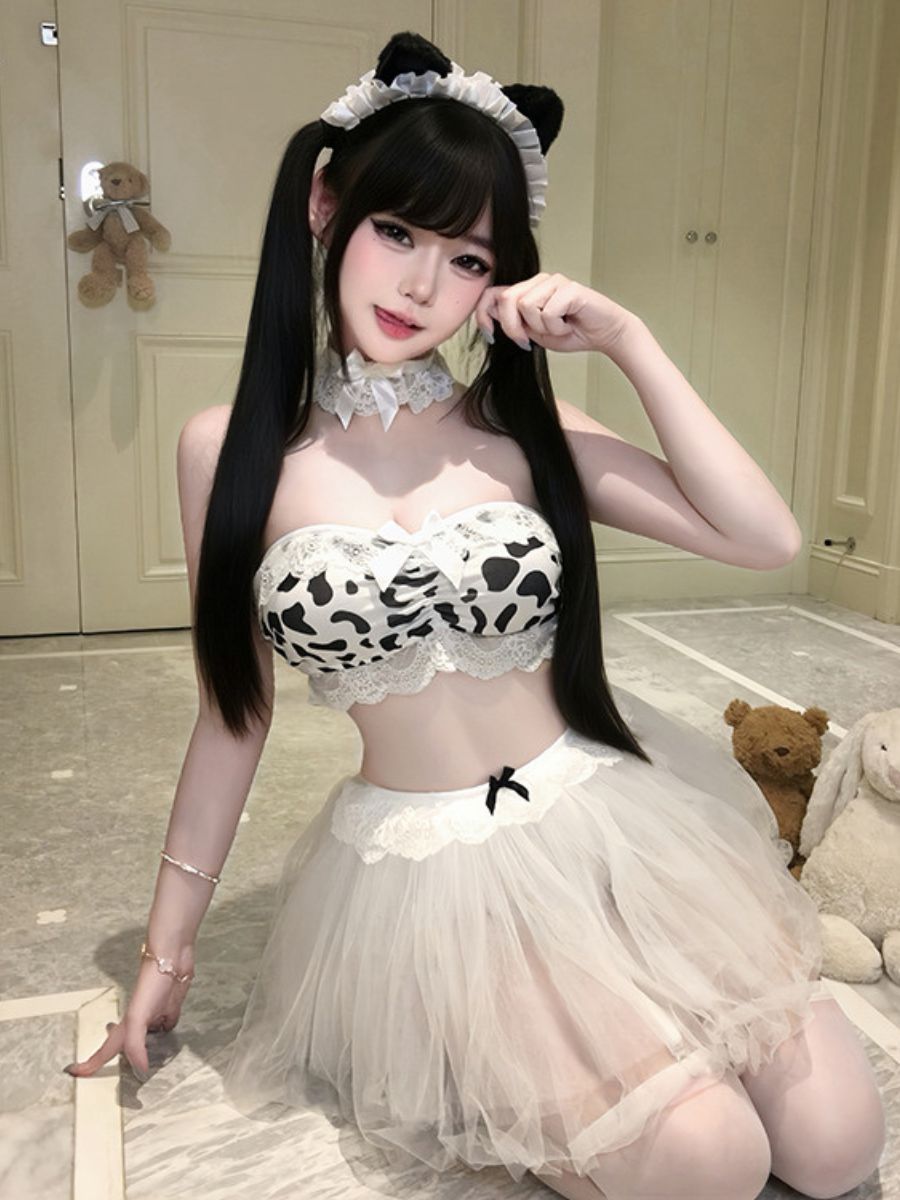 Cute Cow Girl Cosplay Costume Set Cow Print Bandeau Crop Top with Tulle Tutu Skirt