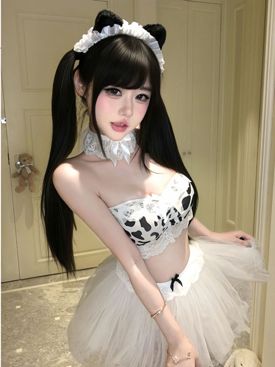 Cute Cow Girl Cosplay Costume Set Cow Print Bandeau Crop Top with Tulle Tutu Skirt