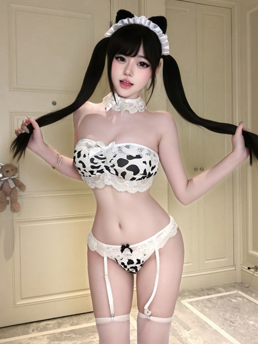 Cute Cow Girl Cosplay Costume Set Cow Print Bandeau Crop Top with Tulle Tutu Skirt