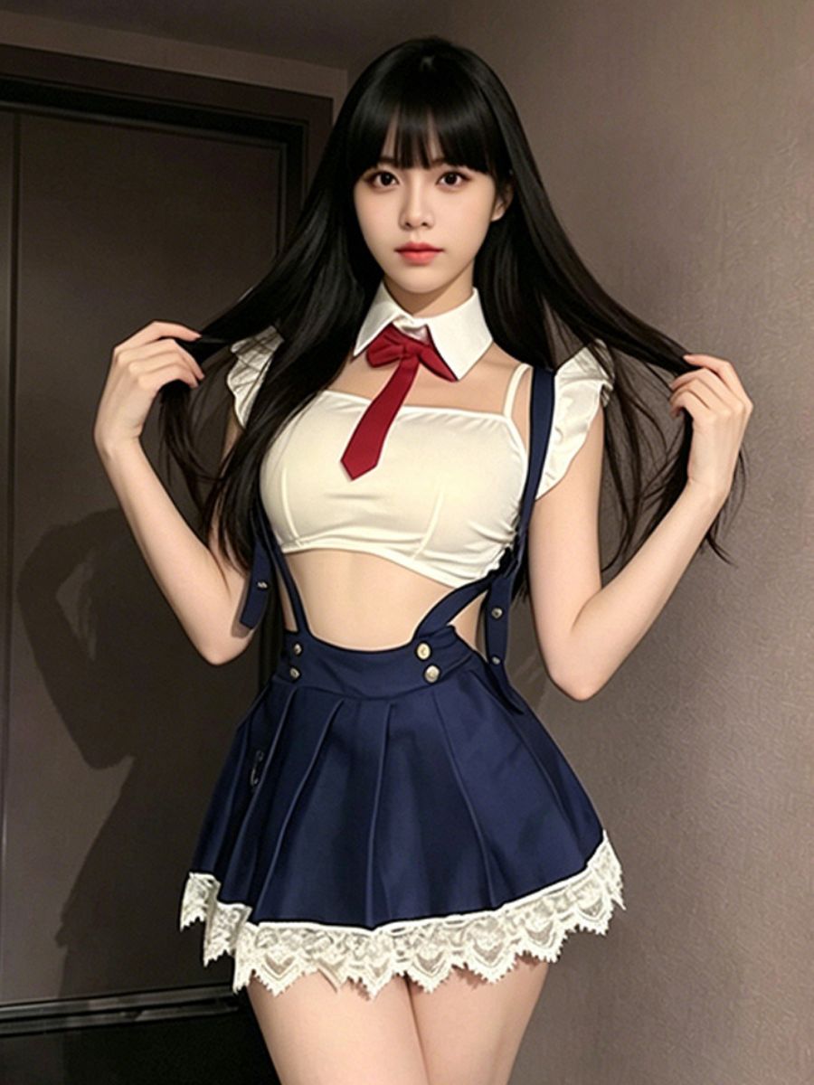 Anime School Girl Costume Japanese White Crop Top and Navy Blue Pleated Suspender Skirt Set
