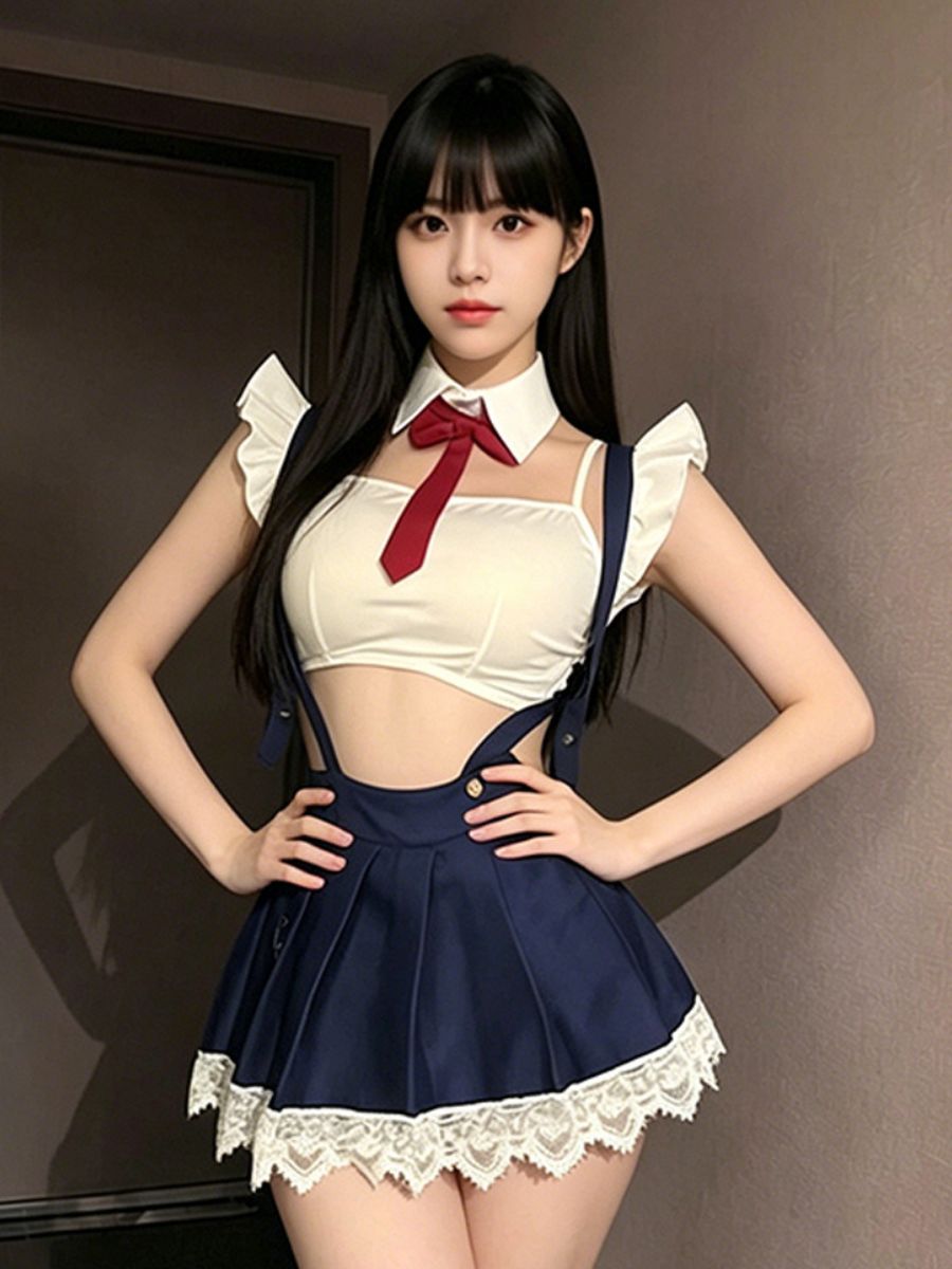 Anime School Girl Costume Japanese White Crop Top and Navy Blue Pleated Suspender Skirt Set