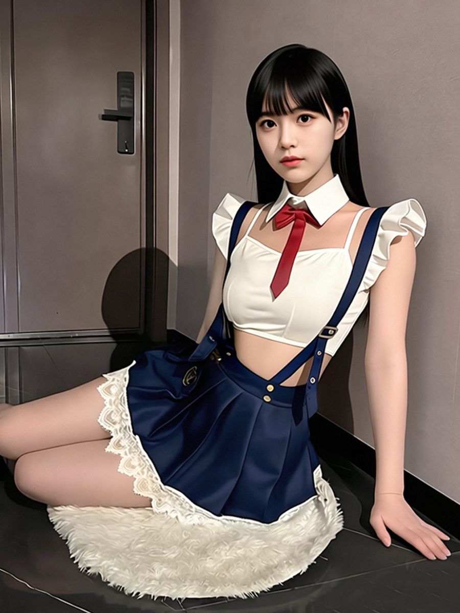 Anime School Girl Costume Japanese White Crop Top and Navy Blue Pleated Suspender Skirt Set