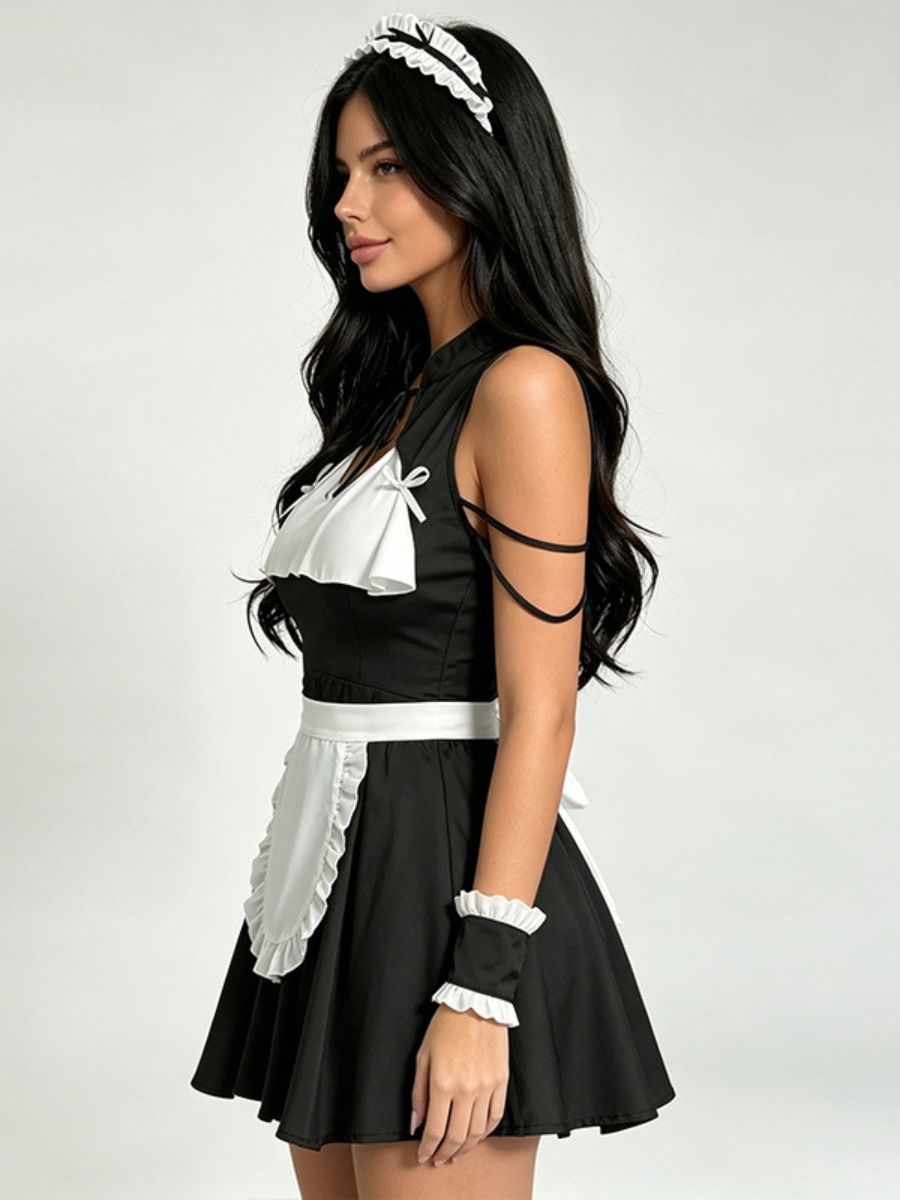 French Maid Cosplay Costume Black Sleeveless A-Line Mini Dress 