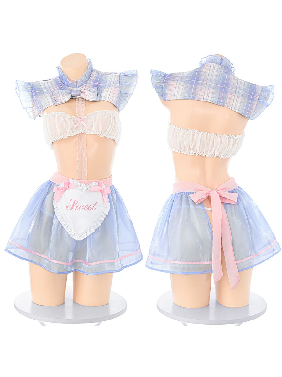 Anime Maid Cosplay Outfit Plaid Shoulder Shrug and Mini Skirt Tube Top with Mini Skirt 