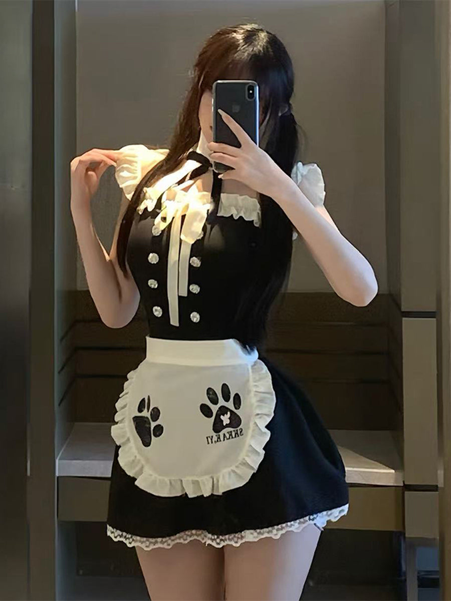 Kawaii Cat Maid Cosplay Costume Neko Maid Outfit with Paw Print Apron
