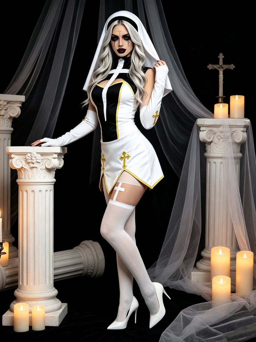 Anime Holy Sister Nun Uniform Costume Sleeveless Cross Cutout Mini Dress Set 