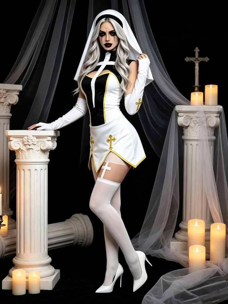 Anime Holy Sister Nun Uniform Costume Sleeveless Cross Cutout Mini Dress Set 