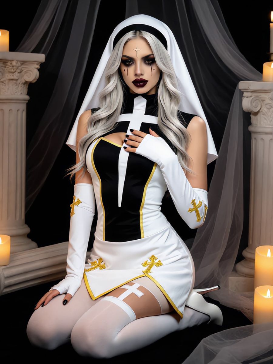 Anime Holy Sister Nun Uniform Costume Sleeveless Cross Cutout Mini Dress Set 
