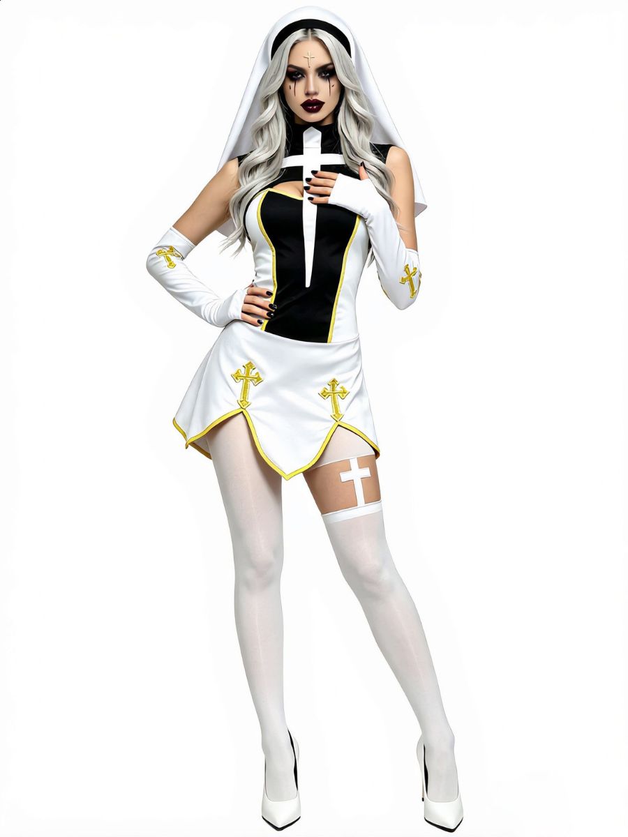 Anime Holy Sister Nun Uniform Costume Sleeveless Cross Cutout Mini Dress Set 
