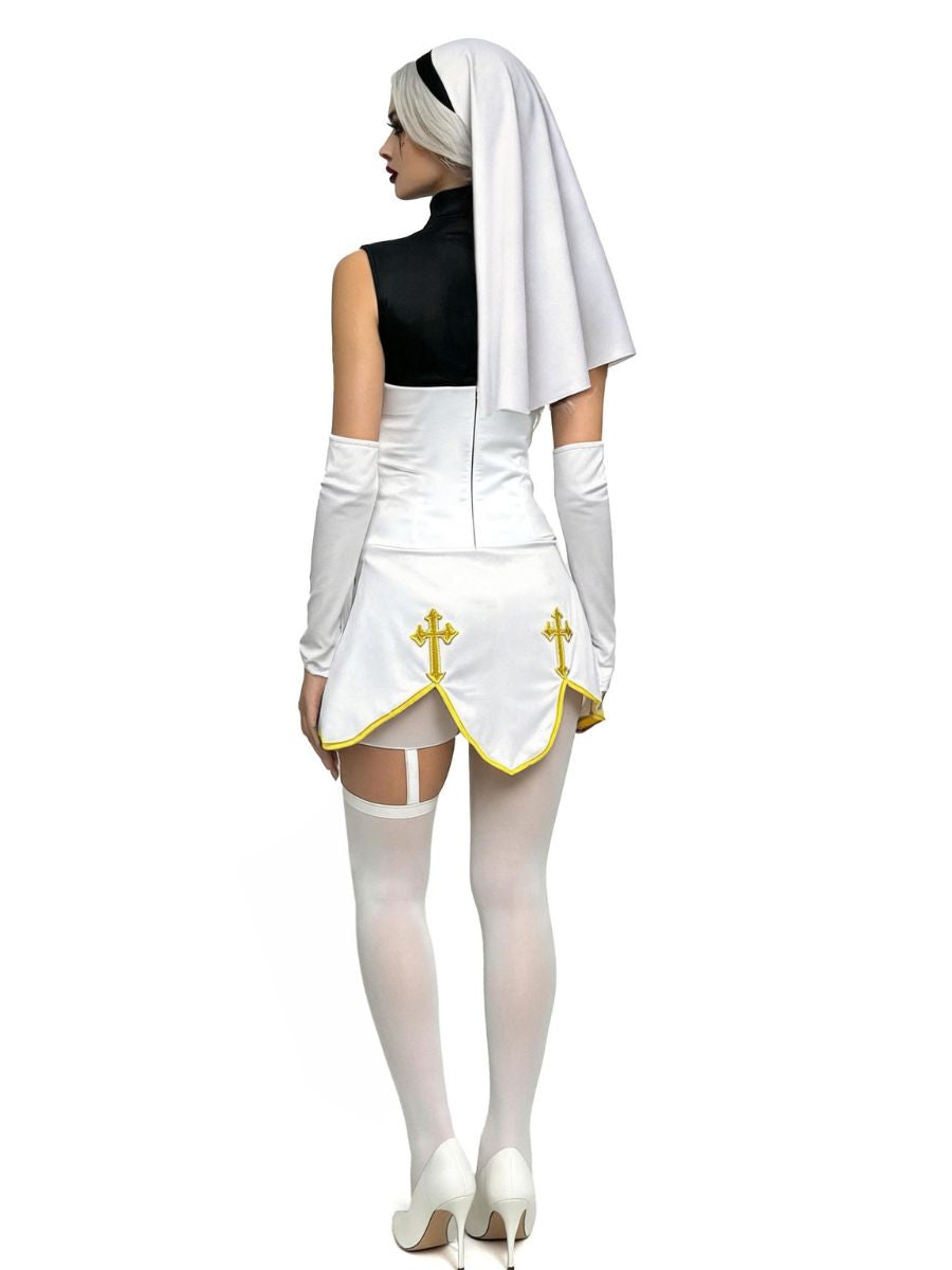 Anime Holy Sister Nun Uniform Costume Sleeveless Cross Cutout Mini Dress Set 